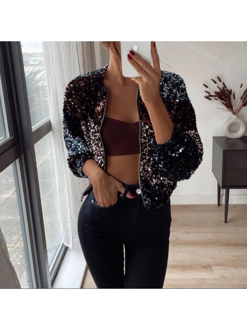 Zara Sequin Festive Days Cropped Bomber Jacket sz M - Picture 2 of 13